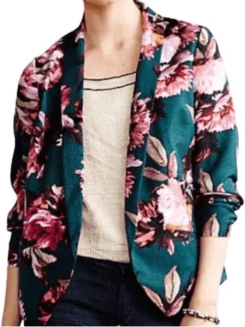 Anthropologie Teal Floral Open-Front Blazer Jacket